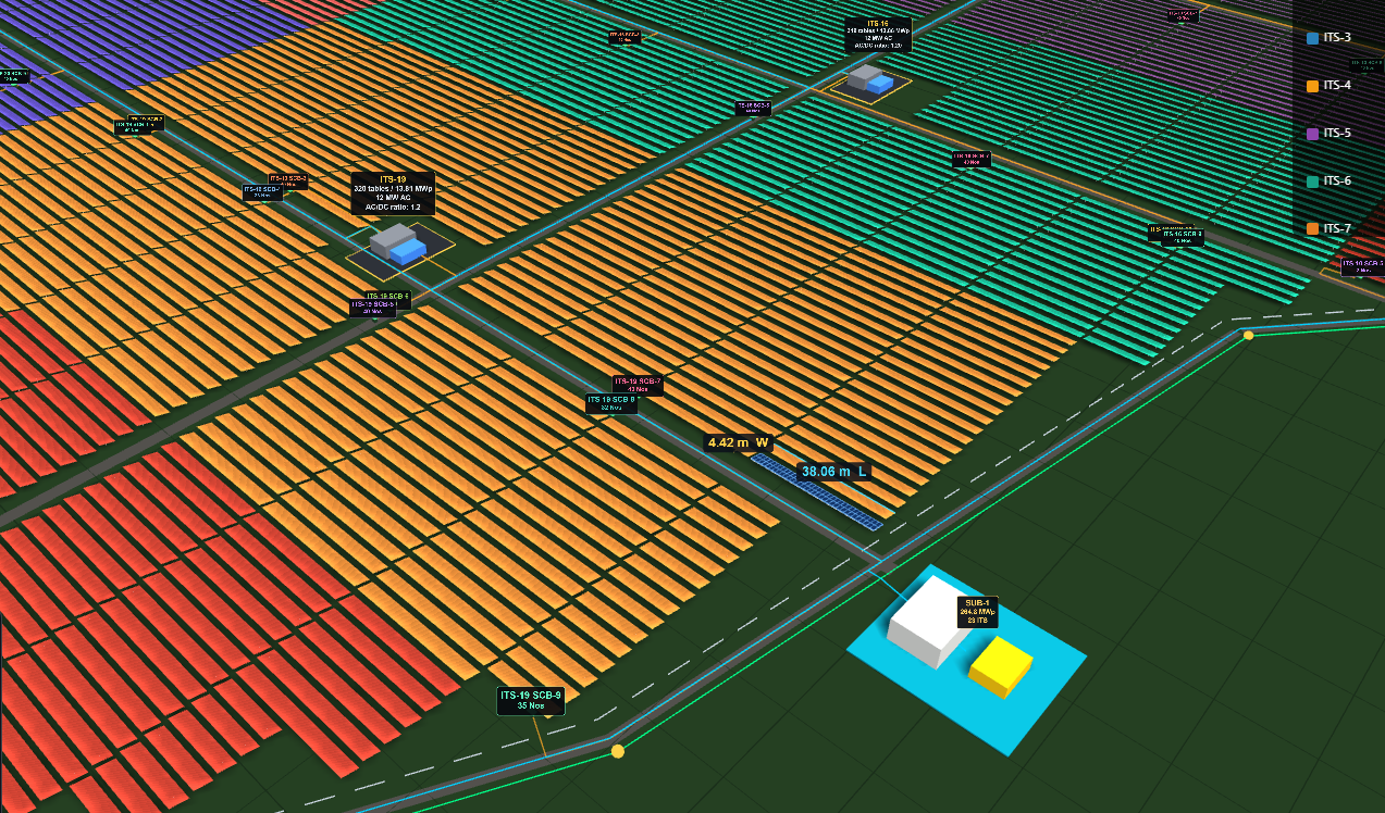 A utility-scale solar plant laid out in SolarCAD: tables grouped into colour-coded ITS zones, internal roads, string combiner boxes and routed cabling.